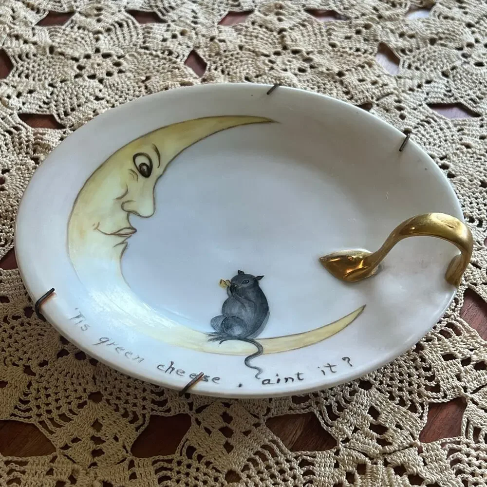 Vintage MCM Royal Bavaria Man in Moon Plate Porcelain Wall Hanging Cheese Quote